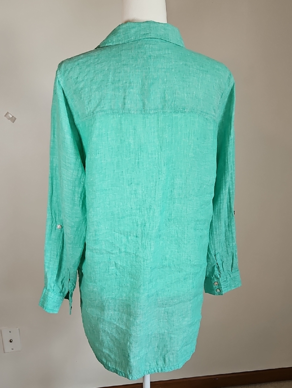 Sigrid Olsen M 100% Linen Green Button Up Roll Tab Option Coastal Euro Summer - Picture 5 of 8